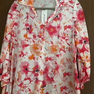 Foxcroft Alexis Watercolor Floral Button-Up Popover Blouse